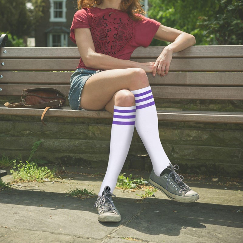 YEJIMONG Knee High Socks for Women â€“ 4 Pairs Bright Striped Cotton Long Socks for Fashion & School, White Multi Stripe, Size 6-10 (White(Red/Black/Purple/Green)) - Image 4